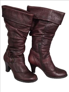 Brown Leather Slouch Mid-Calf Boots Double Ankle Strap Cone Heel Lug Sole Sz 7